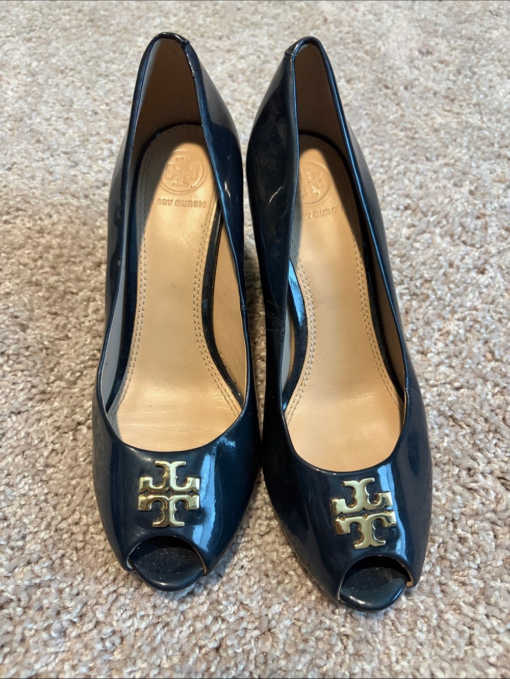 Tory Burch Black Patent Peep-Toe Heels with Gold Logo Emblem